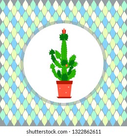 Cactus background in circle. Vector illustration of peyote on pattern with rhombus.