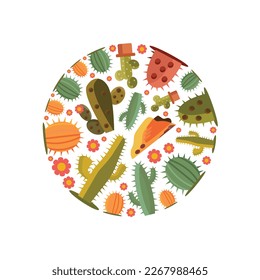 fondo de cactus. plantas de desierto verdes decorativas. cactus desérticos, flores de alza.dibujos animados planos vectoriales forma de círculo simple