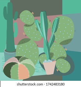 Cactus background in green and pink colors