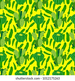 Cactus background, vector seamless pattern, isolated on yellow backdrop.