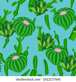 Cactus background, vector seamless pattern, isolated on blue backdrop.