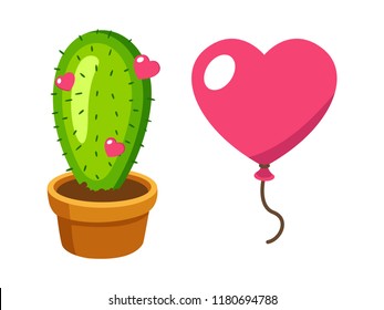 Cactus And Baloon In Heart Shape Love Hurts Illustration In Flat Style