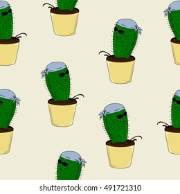 Cactus bandit escapes from the pot. Seamless pattern cactus. Cactus background. Hand drawing. Vector illustration.