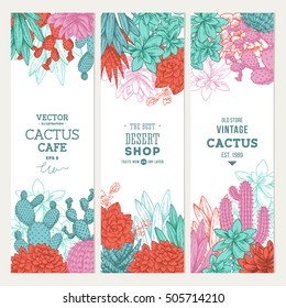 Cactus banner collection. Sketchy style illustration. Succulent set. Vector illustration
