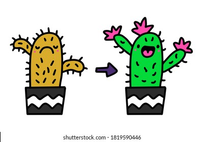 Cactus before and after taking care support hand drawn vector illustration in cartoon doodle style depressive happy