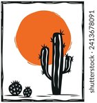 Cactus with big sun in a desert landscape. Woodcut style vector, Brazilian cordel