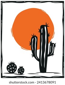 Cactus with big sun in a desert landscape. Woodcut style vector, Brazilian cordel