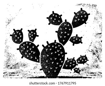 Cactus black silhouette. Vintage cactus on old paper texture background illustration for design isolated on white