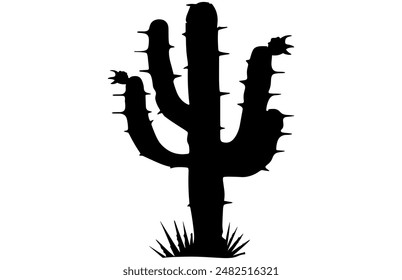 Cactus Black Vector silhouette isolated on white background, Desert Flower Summer Tropical Plant Illustration.