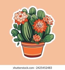 Cactus Bloom. Vector Graphic Illustration of Cactus with Flowers in Pot, Celebrating Desert Beauty and Growth.