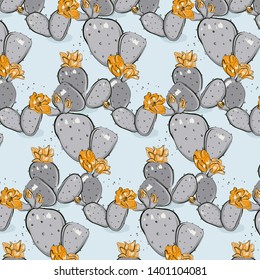  Cactus bloom yellow blue  summer pattern. Hand-drawn succulent cactus with flowers. Bright floral Sketch texture. Funny cacti mexican nature decoration