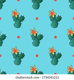 Cactus blooming pattern on a green background. Vector seamless pattern for textiles, fabric, packaging paper, Wallpaper, background.