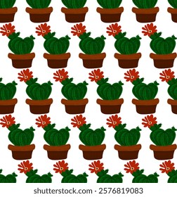 
Cactus blooming in a pot. House plants. Cartoon style. Home cozy seamless pattern. Vector background