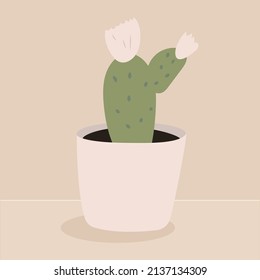 cactus blooming in a stylish white pot. A plant for decorating the interior of a home or office. Vector flat illustration