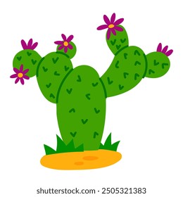 Cactus blooms and grows on the sand in the desert. Flat vector illustration on a white background. Mexican, desert-themed party. A cheerful green prickly cactus with open purple flowers