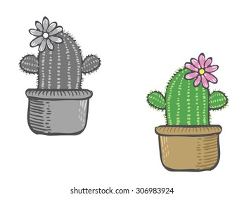 Cactus with blossom. Cute cartoon flower in pot. Vector drawing in doodle style.
