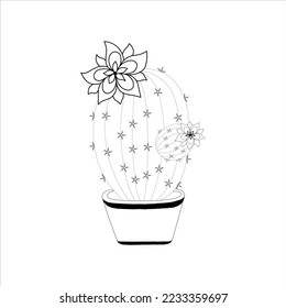 Cactus blossoms in black and white with
 a white background are depicted in a line drawing vactor illustration