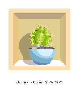 Cactus in a blue pot. Interior plant. Wooden shelf for flowers. Icon. Isolated object. Vector illustration