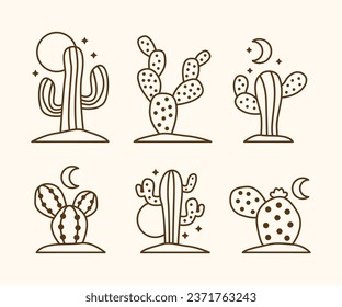 Cactus Boho Moon Desert Botanical Lineart Minimalist Vector Design Templates Icon Sets	
