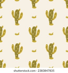 Cactus Boho Seamless Pattern. Cacti repeat background print. Wild West motifs endless texture with cacti, mountains. Vector illustration in retro minimal style