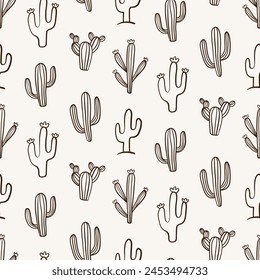 Cactus Boho Seamless Pattern. Cacti repeat background print. Botanical Wild West motifs endless texture with cacti. Vector illustration in retro minimal style