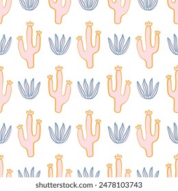 Cactus Boho Seamless Pattern. Cacti repeat background print. Wild West motifs endless texture. Vector illustration in retro minimal style