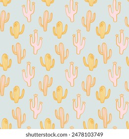 Cactus Boho Seamless Pattern. Cacti repeat background print. Wild West motifs endless texture. Vector illustration in retro minimal style