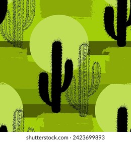 Cactus Boho Seamless Pattern. Wild West motifs endless texture with cacti, mountains. Vector illustration in retro minimal style. Cacti repeat background print.