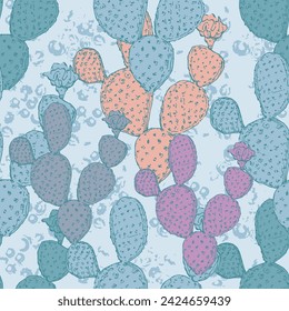 Cactus Boho Seamless Pattern. Wild West motifs endless texture with cacti, mountains. Vector illustration in retro minimal style. Cacti repeat background print.