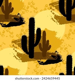 Cactus Boho Seamless Pattern. Wild West motifs endless texture with cacti, mountains. Vector illustration in retro minimal style. Cacti repeat background print.