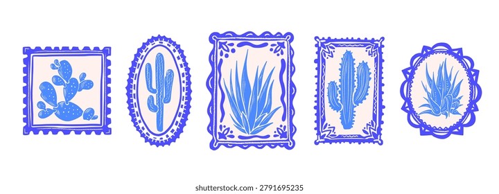 Cactus border with doodle scribble pattern and vintage pencil frame. Mexican plant and succulent crayon sketch with chalk texture in simple graphic style perfect for nature design. Vector collection