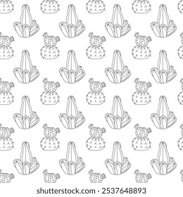 Cactus with branches and cactus with two flowers in doodle style. Simple seamless pattern. Vector illustration.