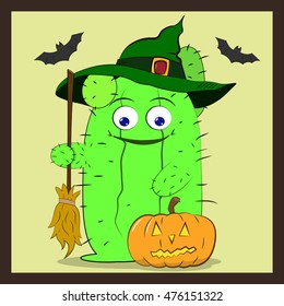 cactus with a broom in a hat