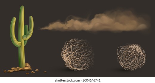 Cactus, nubes de polvo marrón y algas podregosas, bolas secas aisladas en fondo gris. Conjunto vectorial realista de arena de flujo, planta desértica verde y arbustos secos ondulados, hierba vieja de tambor en pradera