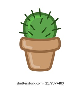 Cactus in brown pot. Hand drawn illustration in cartoon style. Vector isolated on white background.