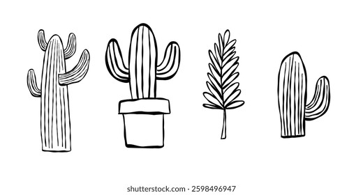 Cactus, bushes, leafs graphic elements set black and white line art