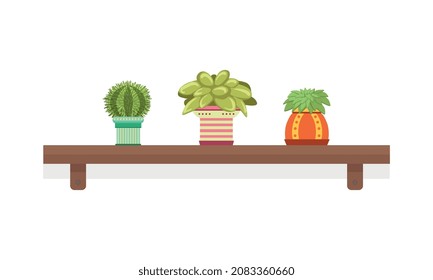 Cactus or Cacti as Plant with Leafless, Spiny Stem Growing in Flowerpot Rested on Wooden Shelf Vector Illustration