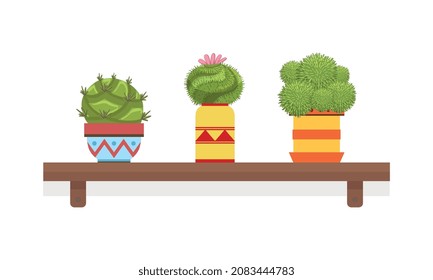 Cactus or Cacti as Plant with Leafless, Spiny Stem Growing in Flowerpot Rested on Wooden Shelf Vector Illustration