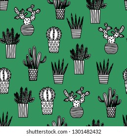 Cactus, cacti and succulents cute potted houseplant art in a seamless vector repeat pattern, suitable for surface pattern design, textiles, fabric, stationery, wallpaper, backgrounds and much more.