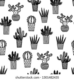 Cactus, cacti and succulents cute potted houseplant art in a seamless vector repeat pattern, suitable for surface pattern design, textiles, fabric, stationery, wallpaper, backgrounds and much more.