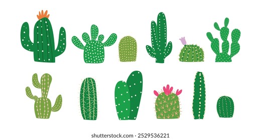 Cactus Cactus Cacti no conjunto de estilo desenhado à mão, Cactus isolado no fundo branco, ilustração vetorial de Cactus