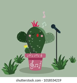 Cactus cartoon adorable character 2d illustration sing a song.
