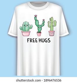 Cactus Cartoon Character. Free Hugs. T-Shirt Design.Vector illustration.