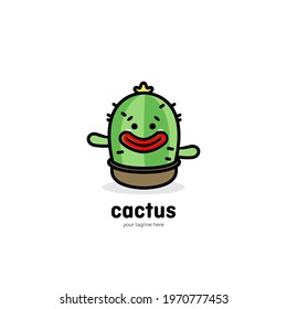 Cactus cartoon character mascot logo. Isolated Cactus with happy face cute big mouth