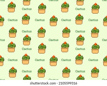 Cactus cartoon character seamless pattern on green background.Pixel style