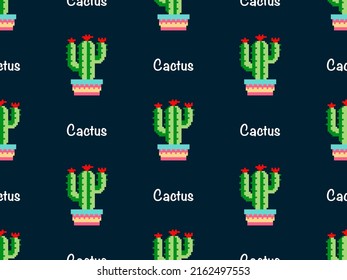 Cactus cartoon character seamless pattern on black background. Pixel style