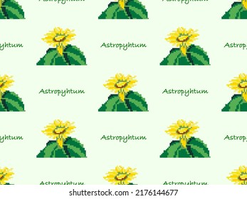 Cactus cartoon character seamless pattern on green background. Pixel style