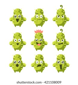 Cactus Cartoon Character Set Of Flat Isolated Funny Vector Icons In Childish Style On Purple Background