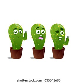 Cactus Cartoon Character Set in Flat style. Vector illustration Isolated on white background.