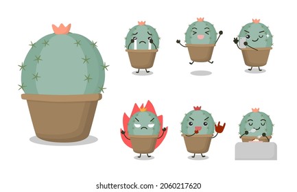Cactus cartoon characters in various posing and emotional such as cry, jump, selfie, get angry, cheer, eat. Vector cactus character or mascot in different pose and activities